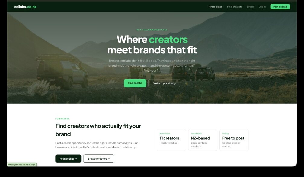 The Collabs.co.nz homepage — "Where creators meet brands that fit", featuring NZ creators and live collab opportunities.