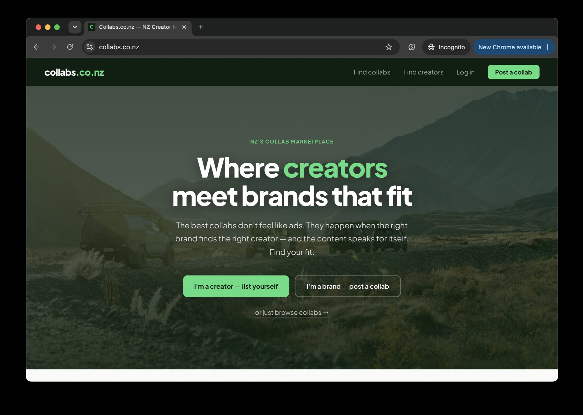 The Collabs.co.nz homepage, New Zealand's creator and brand marketplace.