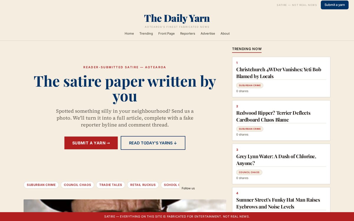 The Daily Yarn front page — AI-generated satirical NZ news headlines
