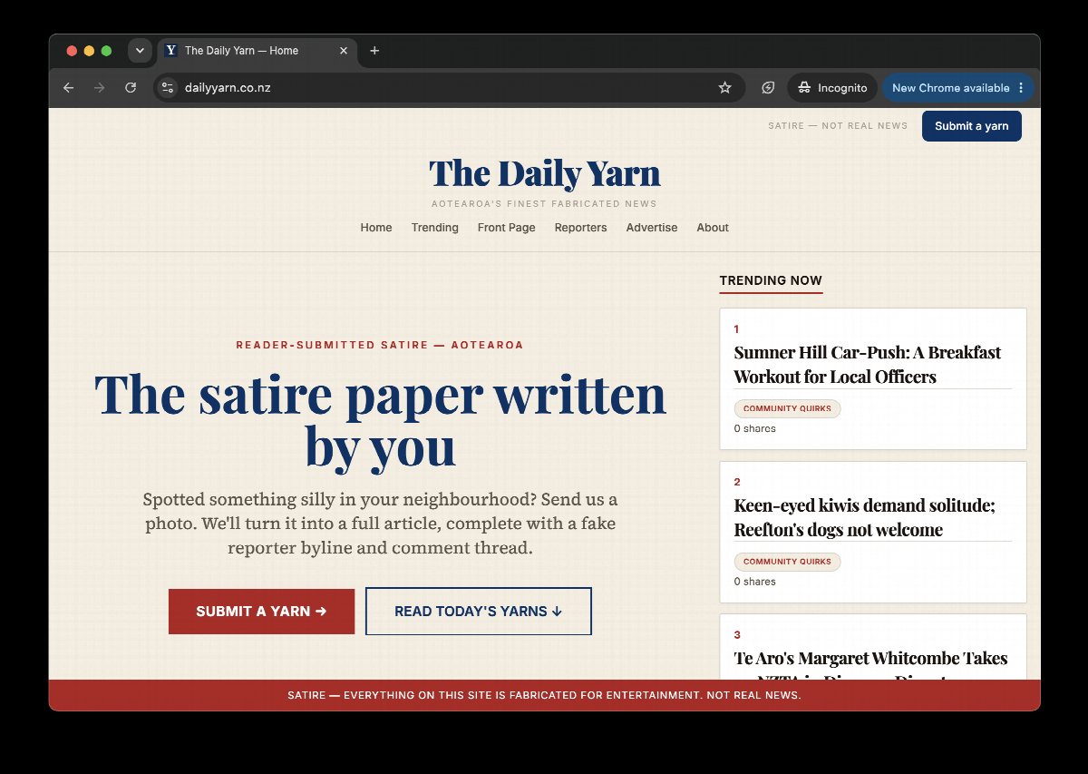 The Daily Yarn homepage, the satire paper written by you