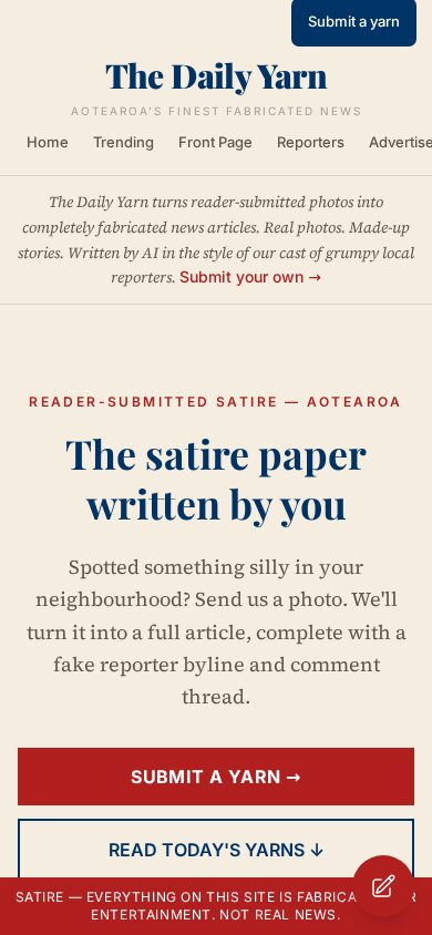 Daily Yarn on mobile — the daily front page optimised for thumb-scrolling and social handoff.