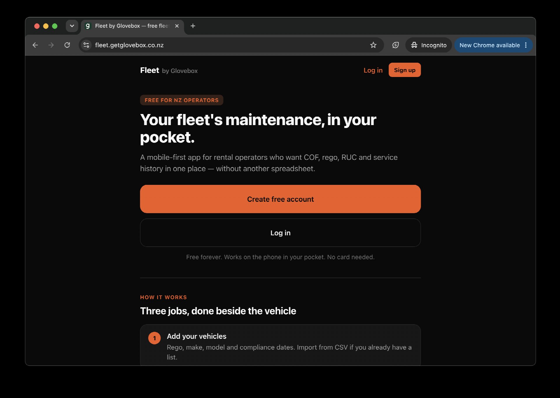 The Fleet by Glovebox homepage, a free mobile-first fleet maintenance app for NZ rental operators.