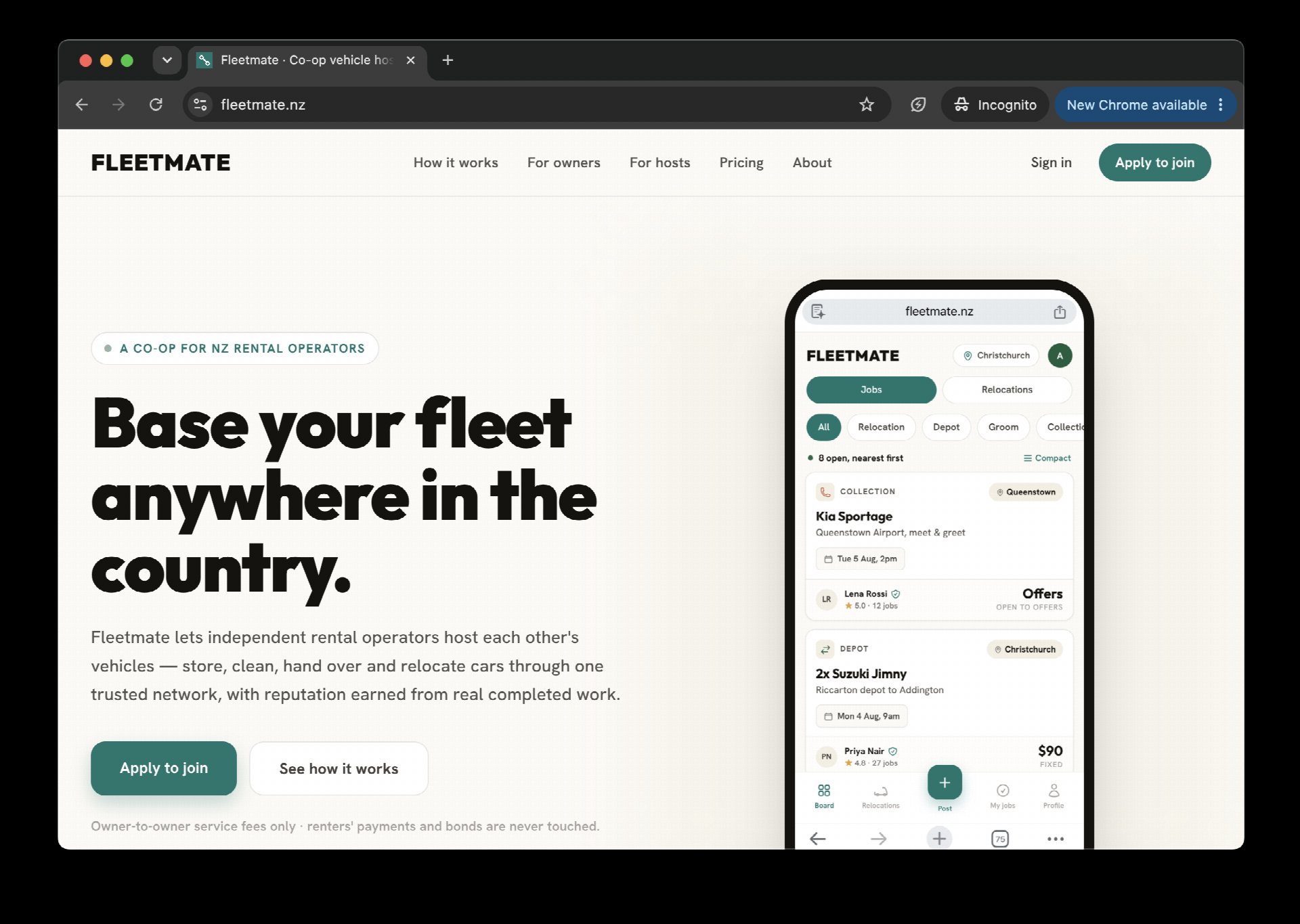 The Fleetmate homepage, a co-op network for NZ rental operators to host each other's vehicles.