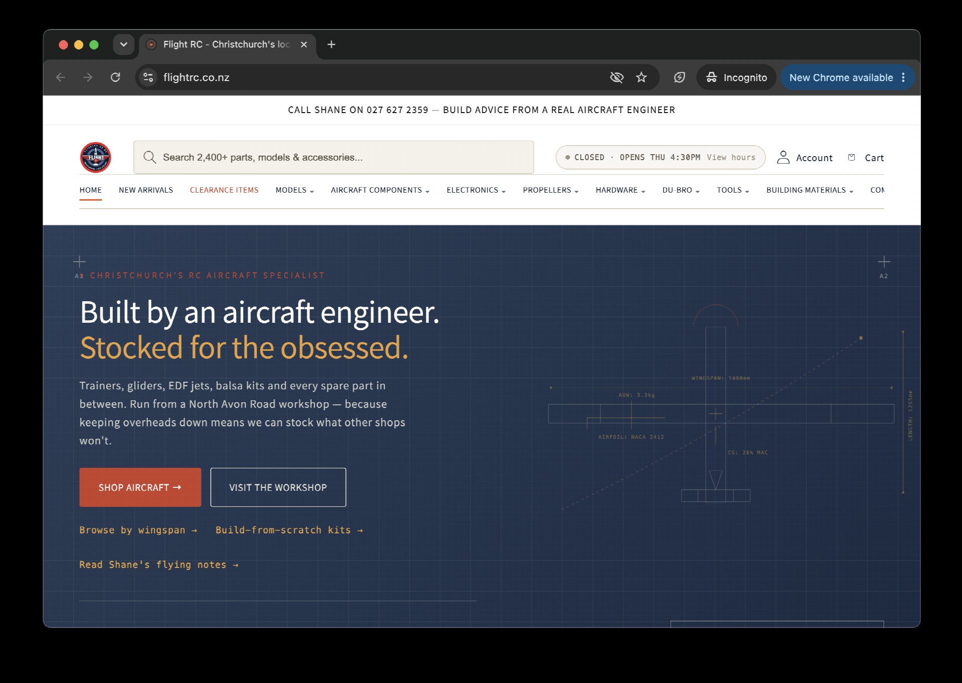 The Flight RC homepage, a dark aviation Shopify theme for Christchurch's RC aircraft specialist.