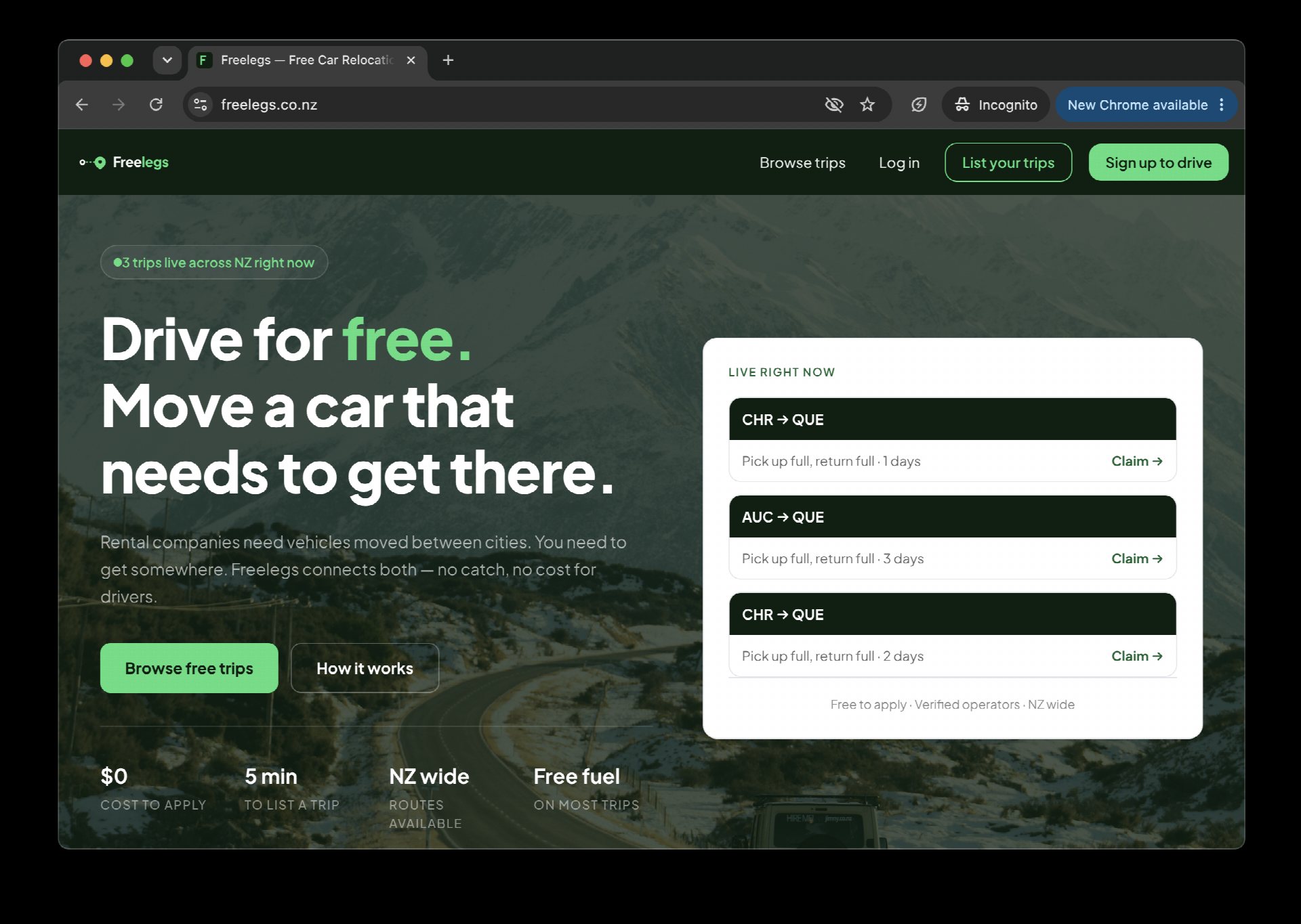 The Freelegs homepage, a free car relocation marketplace connecting NZ operators with drivers.