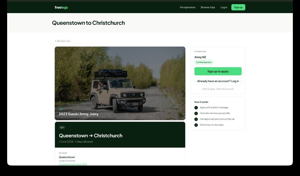 A Freelegs trip listing — Queenstown to Christchurch relocation