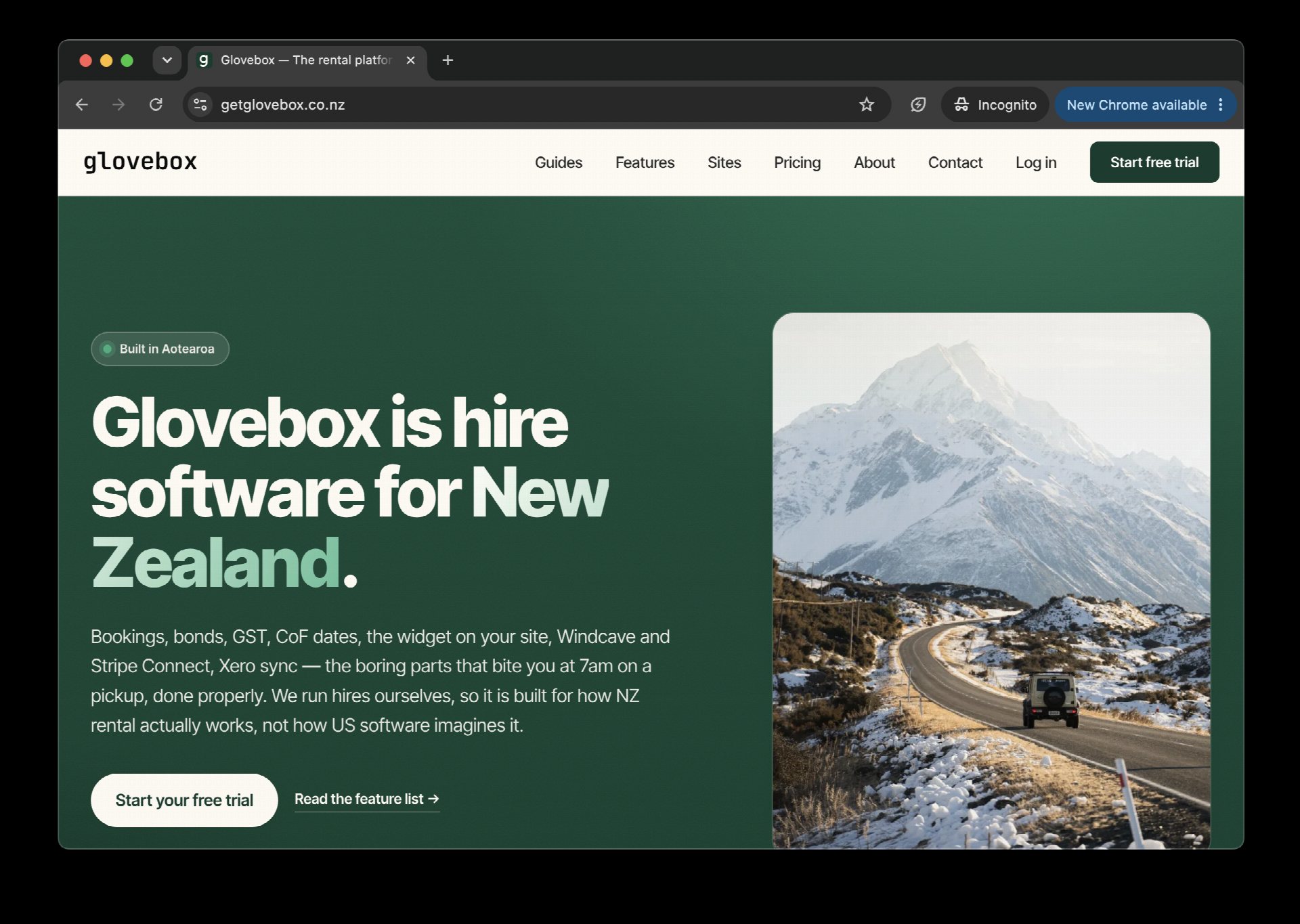 The Glovebox homepage, rental management software built for New Zealand hire operators.