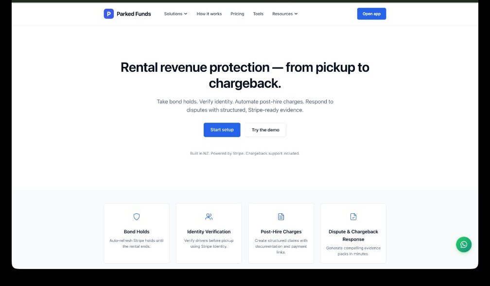 The Parked Funds homepage — rental revenue protection
