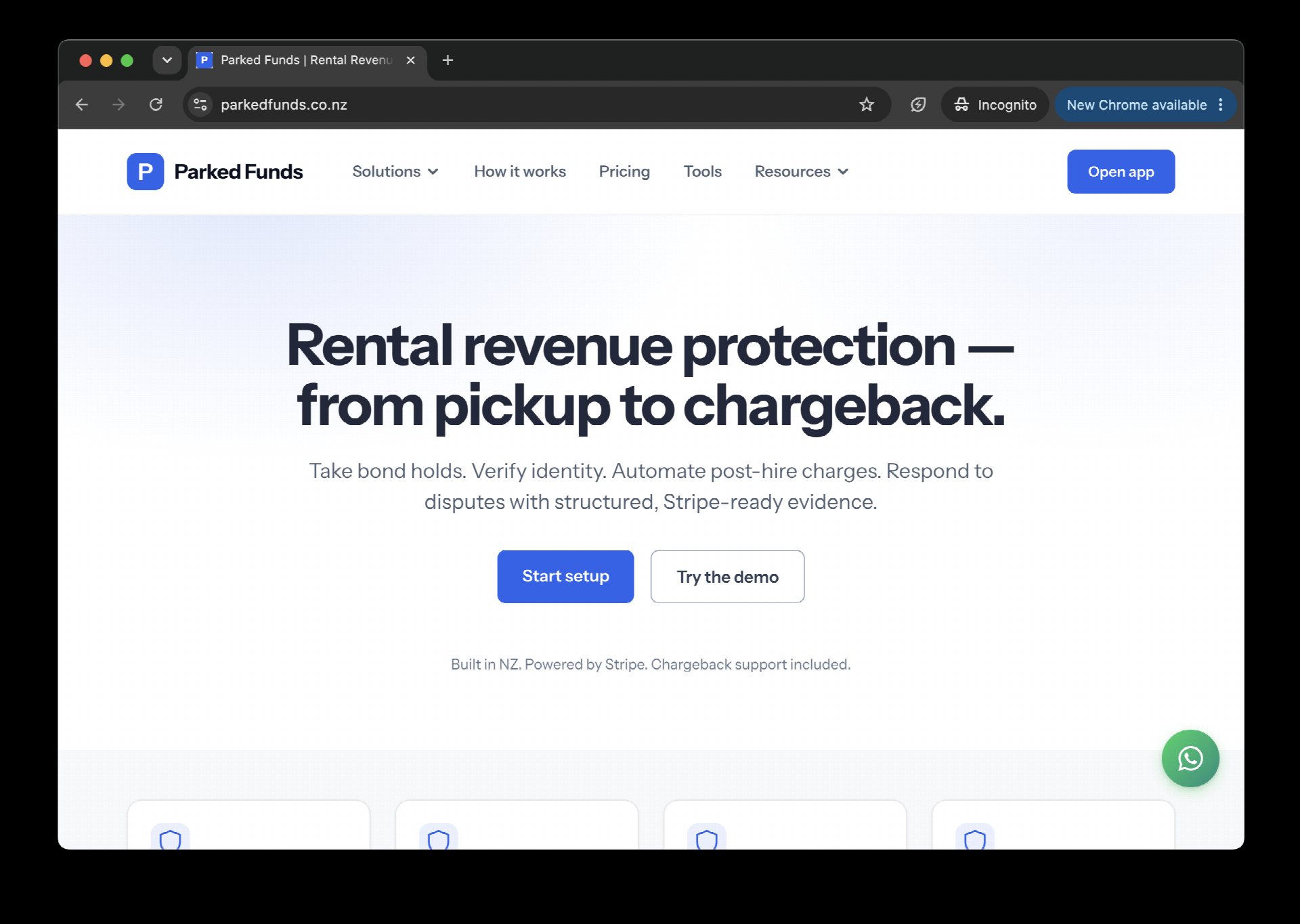 The Parked Funds homepage, Stripe-native rental revenue protection from pickup to chargeback.