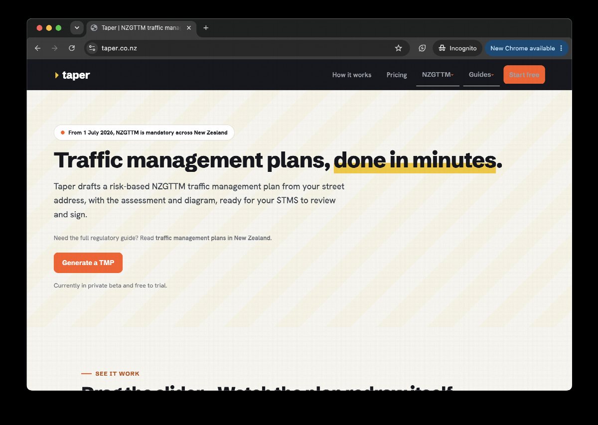 The Taper homepage, traffic management plans done in minutes