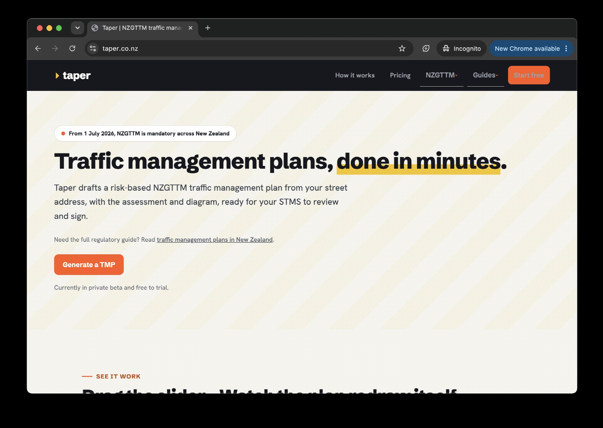 The Taper homepage, NZGTTM traffic management plans drafted from a street address.